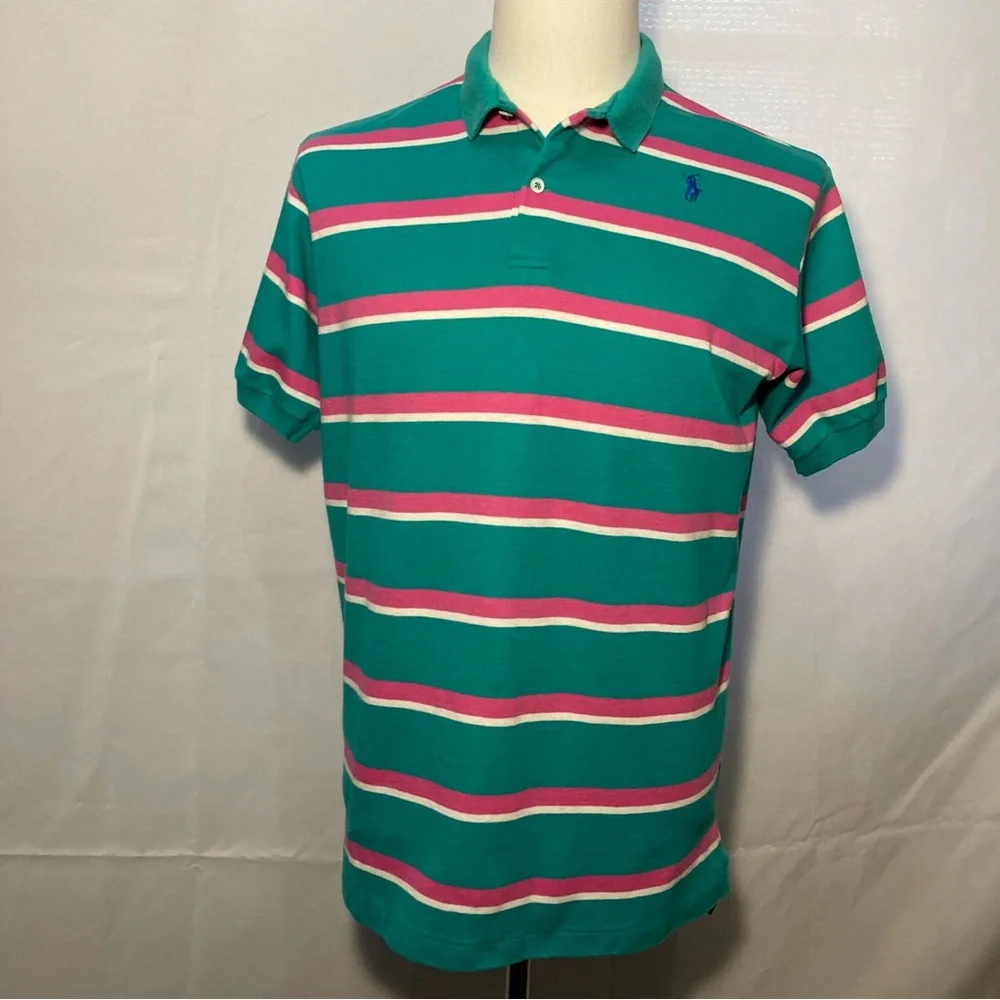 Vintage Polo Ralph Lauren Green w/Stripes Imperfection Golf S/S Shirt Men Large